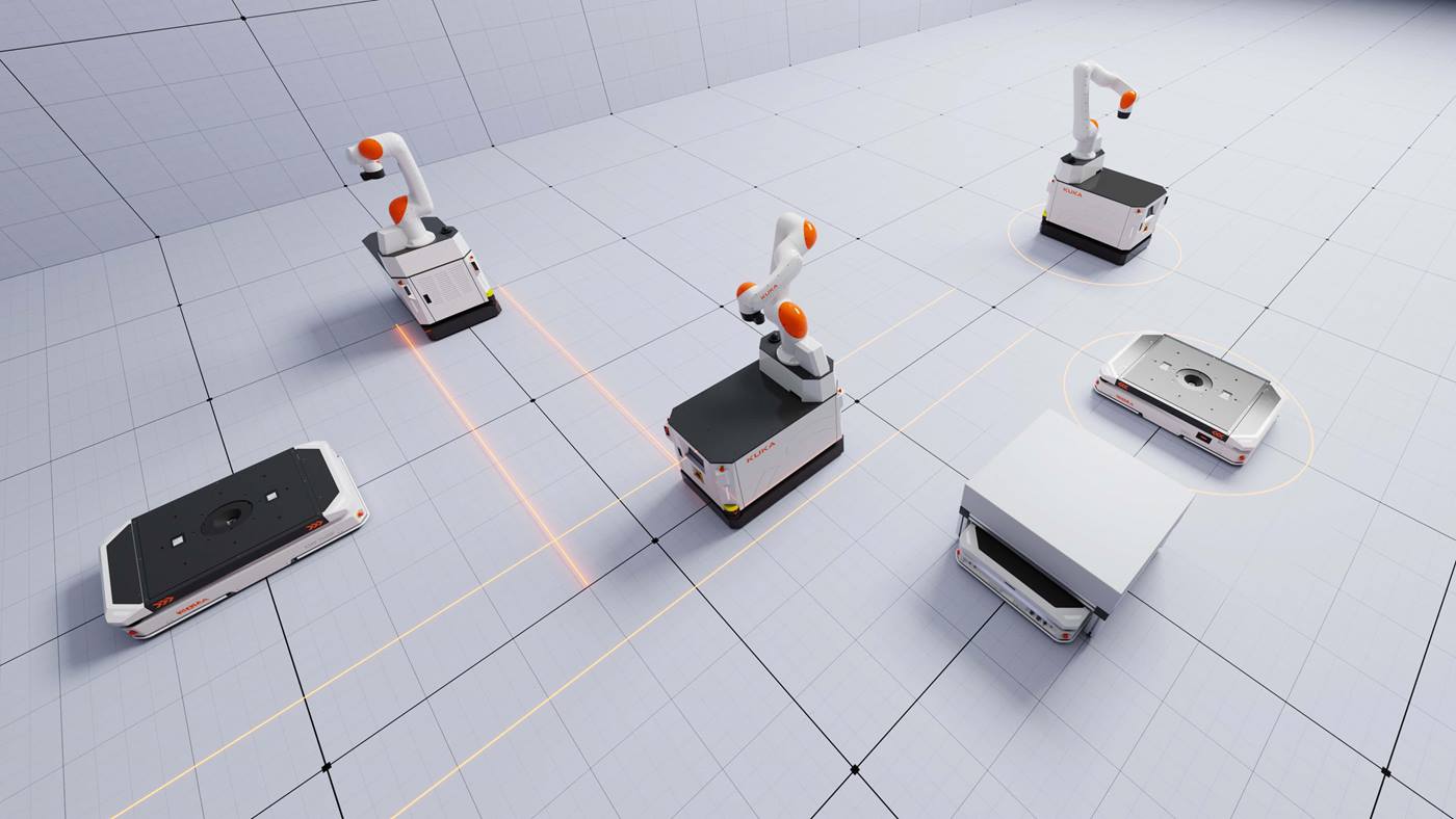 KI-basierte Flottenmanagementsystem KUKA.AMR Fleet sorgt dabei für die optimale logistische Effizienz Ihrer AMR-Flotte.